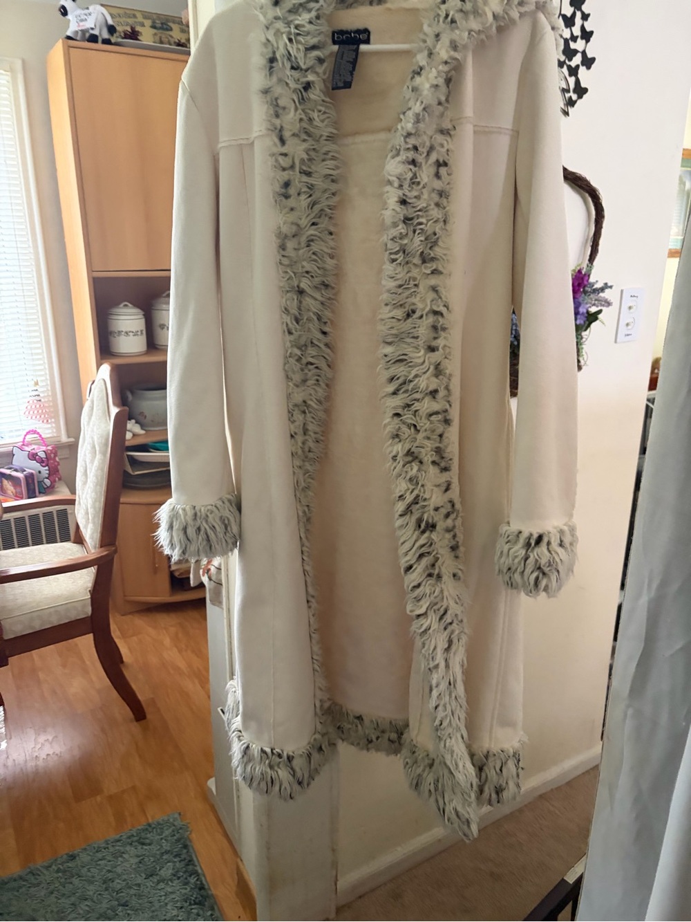 bebe Cream Faux Fur Trim Duster Jacket